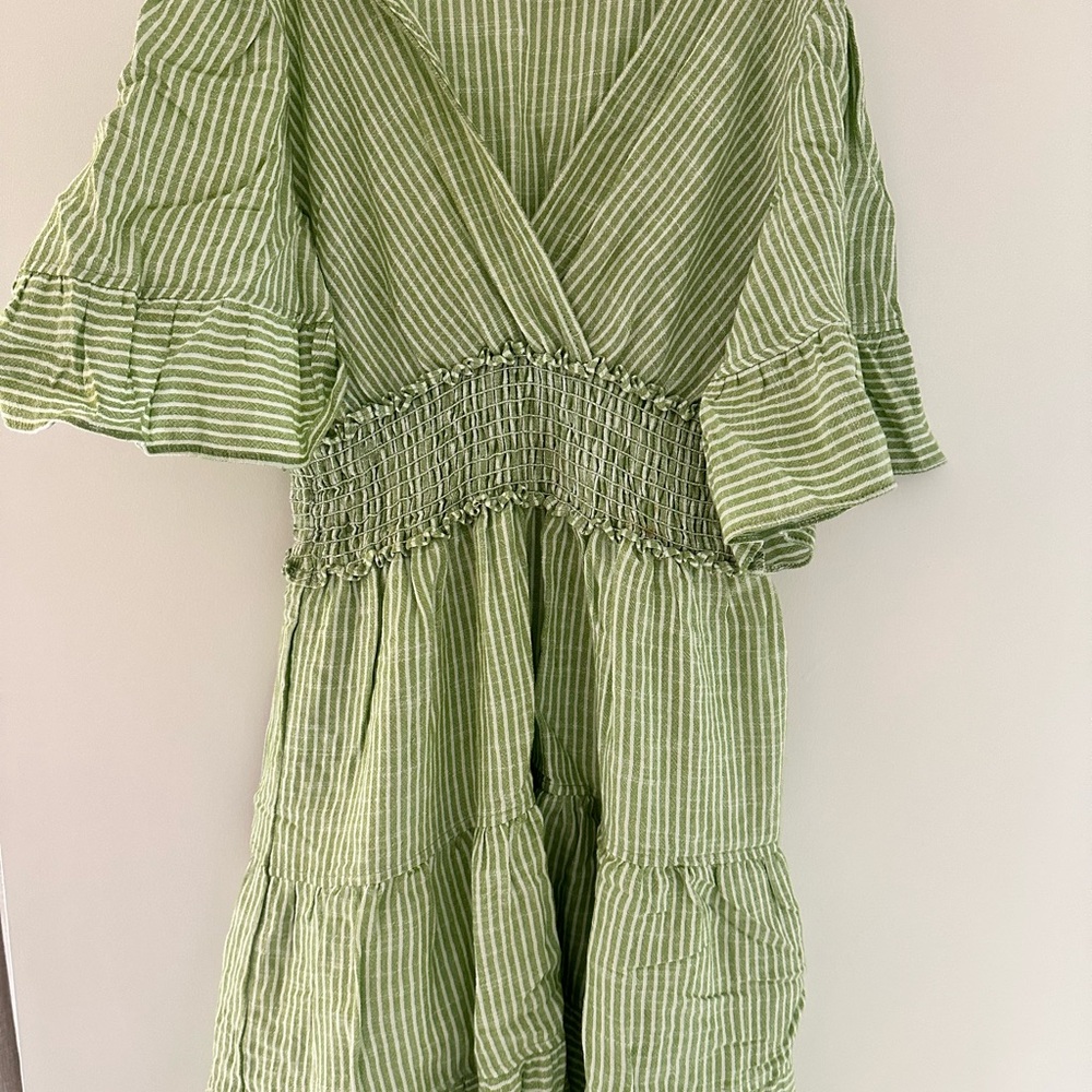 Green Striped Boho Dress with Ruffle Sleeves
